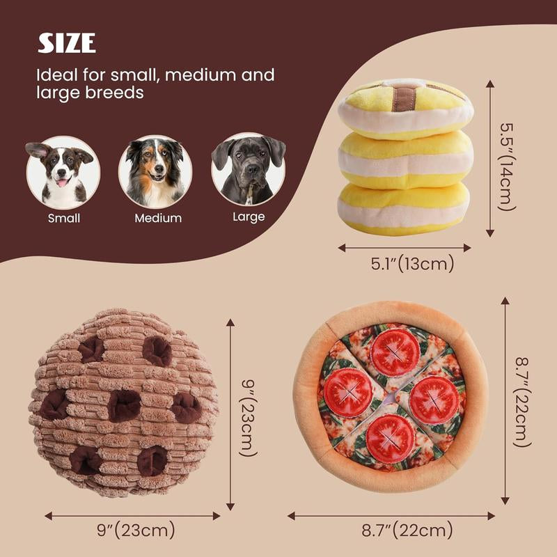 Nocciola 3 Pack Treat Trio Snuffle Dog Toys, Squeaky & Crinkle Pizza, Cookie, Muffin Plush Toys, Hide and Seek, Enrichment Set for Small to Medium Dogs