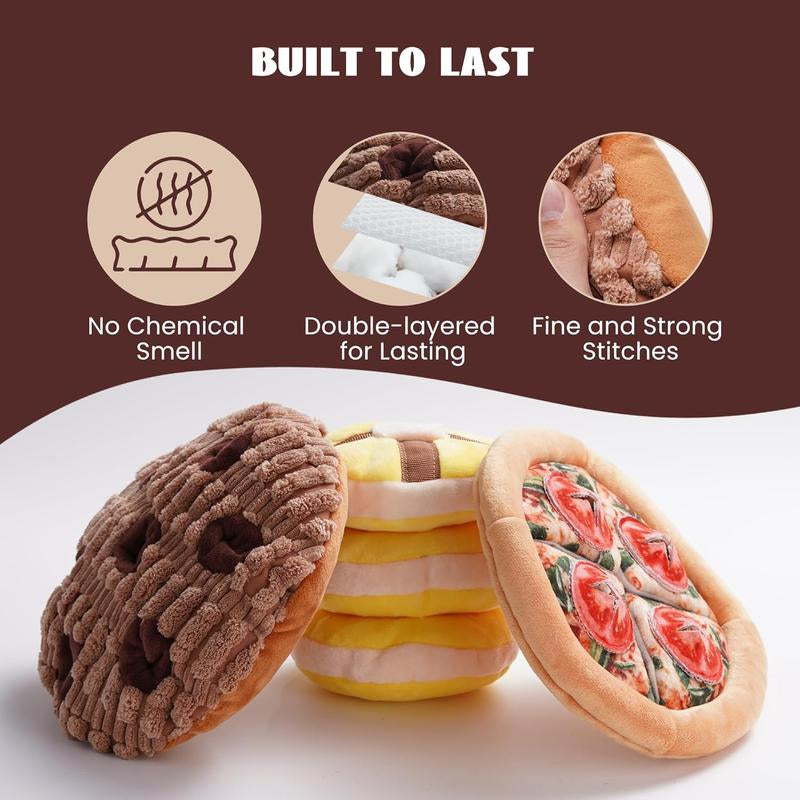 Nocciola 3 Pack Treat Trio Snuffle Dog Toys, Squeaky & Crinkle Pizza, Cookie, Muffin Plush Toys, Hide and Seek, Enrichment Set for Small to Medium Dogs