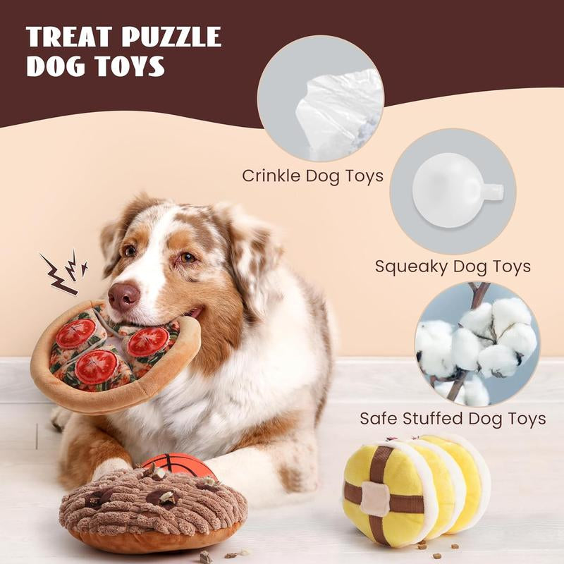 Nocciola 3 Pack Treat Trio Snuffle Dog Toys, Squeaky & Crinkle Pizza, Cookie, Muffin Plush Toys, Hide and Seek, Enrichment Set for Small to Medium Dogs
