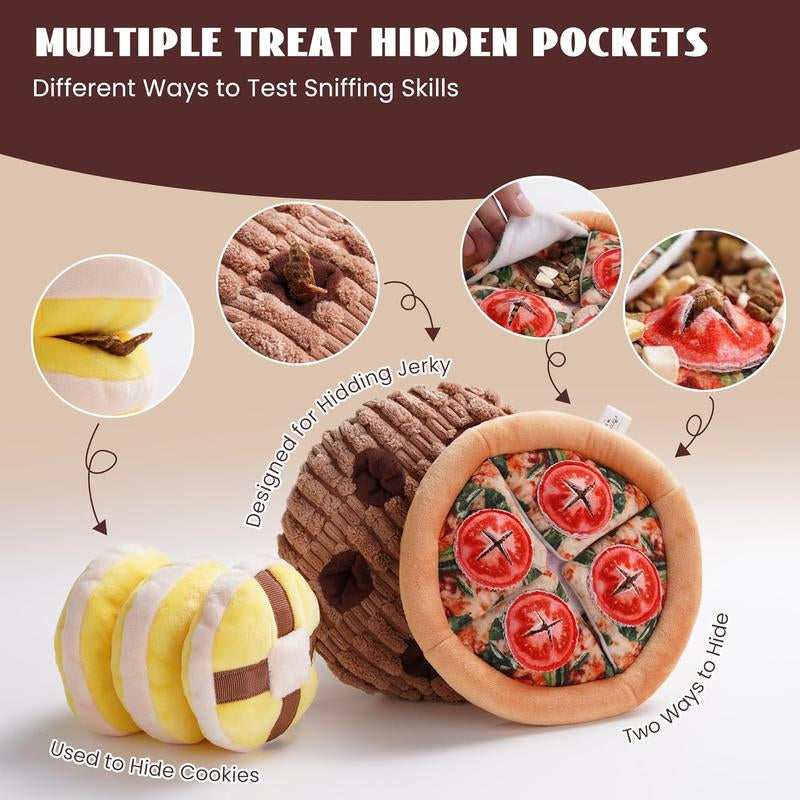 Nocciola 3 Pack Treat Trio Snuffle Dog Toys, Squeaky & Crinkle Pizza, Cookie, Muffin Plush Toys, Hide and Seek, Enrichment Set for Small to Medium Dogs