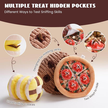 Nocciola 3 Pack Treat Trio Snuffle Dog Toys, Squeaky & Crinkle Pizza, Cookie, Muffin Plush Toys, Hide and Seek, Enrichment Set for Small to Medium Dogs